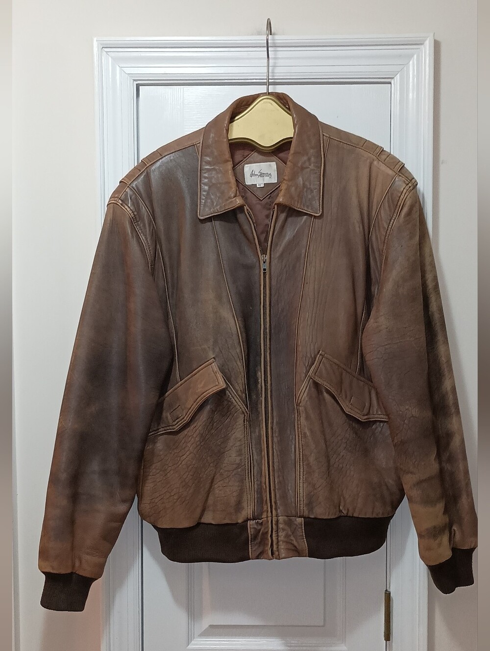 Adam Spencer Vintage Brown Leather Bomber Jacket Men's 46T